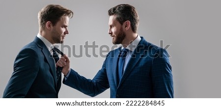 Man face portrait, banner with copy space. business competition. businessmeeting. struggle for leadership. displeased colleague dispute.
