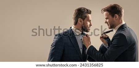 Man face portrait, banner with copy space. displeased colleague dispute. negotiations. businessmen talking and discussing conflict.