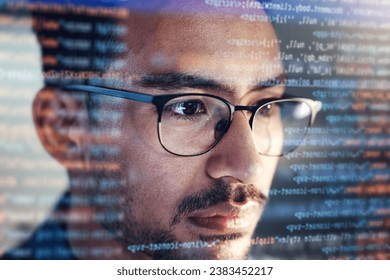 Man, face and programming at night with overlay or dashboard of code, malware or software at the office. Male person, coder or programmer working late in development, problem solving or algorithm