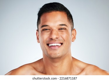 Man Face, Skin And Teeth, Natural Beauty And Skincare, Happy Model In Cosmetology Advertising. Clean And Fresh, Glow And Facial Treatment, Body Wellness Or Dental Mouth Hygiene In Studio Background.