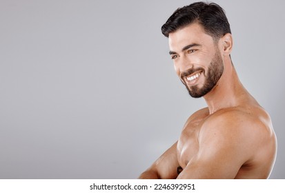 Man, face and smile with beauty and skincare, muscle and glow with cosmetic skin treatment against studio background. Grooming, hygiene and body cleaning mockup with natural cosmetics and wellness - Powered by Shutterstock