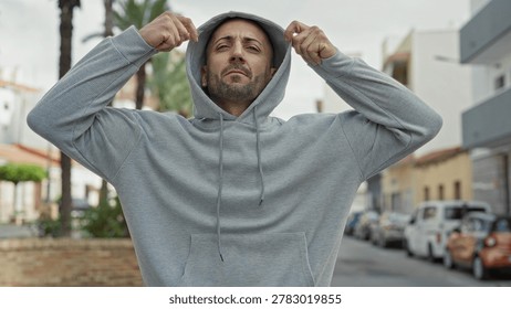 Man with face visible pulls and adjusts hoodie while crossing arms and looking sideways on a palm lined street with parked cars; thoughtful resilience.