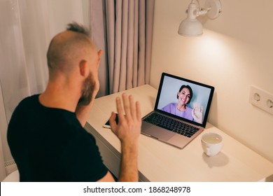 Man Facetime At Home, Calling His Friend Wife Girlfriend From Laptop In Bedroom.