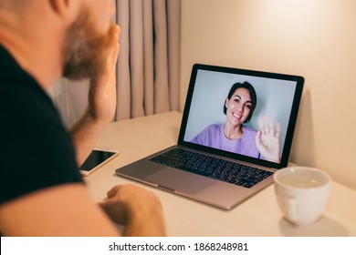 Man Facetime At Home, Calling His Friend Wife Girlfriend From Laptop In Bedroom.