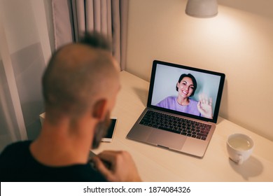 Man Facetime At Home, Calling His Friend Wife Girlfriend From Laptop In Bedroom.  