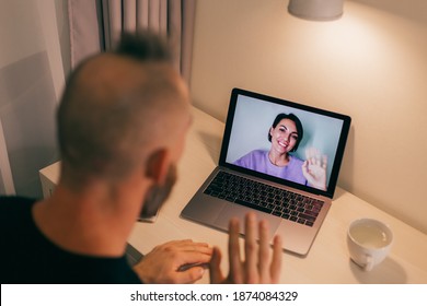 Man Facetime At Home, Calling His Friend Wife Girlfriend From Laptop In Bedroom.  