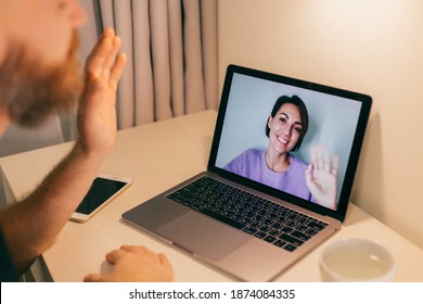 Man Facetime At Home, Calling His Friend Wife Girlfriend From Laptop In Bedroom.  