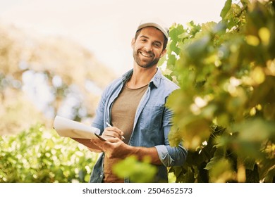 Man, farmer and checklist in outdoor portrait, writing notes and review produce quality or development. Male person, agriculture and clipboard for farm report, ecology production and plan for growth - Powered by Shutterstock