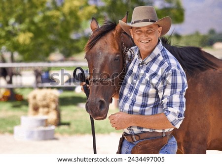 Man, farmer and happy with horse in ranch for care with bonding, feeding and support in Texas. Mature, male person and cowboy with smile for domestic animal in countryside for agriculture work.