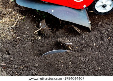 Man Farmer plows the land with a cultivator. Agricultural machinery: cultivator for tillage in the garden,motor cultivator.