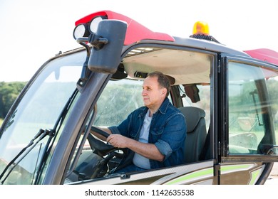 Man Farmer Is Sitting In The Car Near Cows At The Farm