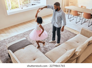 Man, father or girl ballet dancing in living room of house or happy family home in energy, ballerina tutu or dress in top view. Dad, child or dancer kid bonding in creative comic fun in South Africa - Shutterstock ID 2279861765