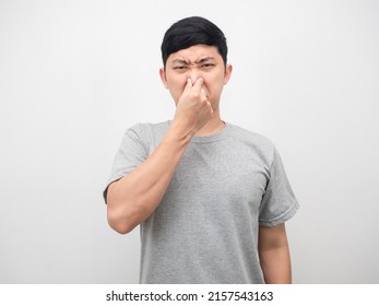 Man Feeling Smelly Close His Nose Portrait White Background