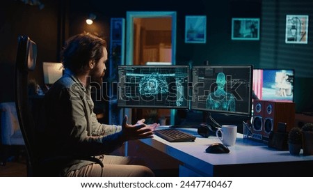 Man feeling speechless after seeing AI gaining anthropomorphic form and consciousness, waving hand to salute him. Computer engineer surprised by sentient artificial intelligence greeting him, camera B