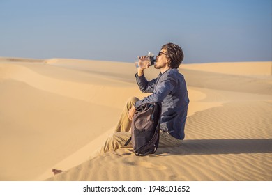 Man Feels Thirst And Drinks Water In The Desert