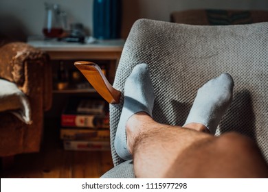 Man Feet With White Socks On Chair, First Persona Perspective, Man Resting After Work