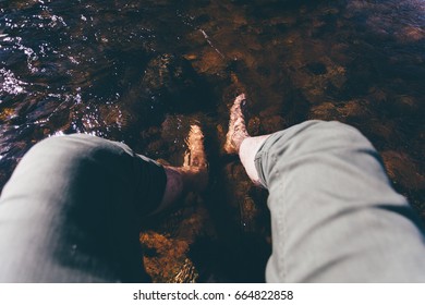 Man Feets In River Water, Man Enjoying Summer First Person Perspective