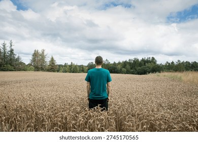 man in field back view looking out over landscape a summer day thinking about life