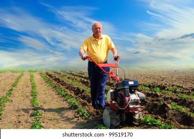 Man In The Field With The Motor Cultivator