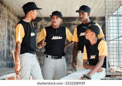 Man, field and serious as baseball player with conversation for team building, support or trust. People, sports and talk or satisfied with game planning for practice, training and tournament or match - Powered by Shutterstock