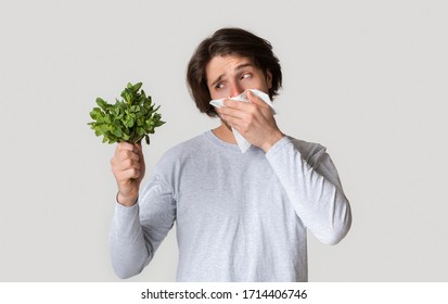 Man Fighting With Spring Allergies And Covers His Nose With Napkin