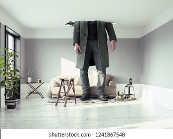 die männliche Figur, die die Decke im Wohnzimmer bricht. Foto- und Medienelemente kombiniert