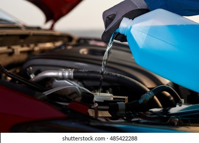 Man Filling Antifreeze Fluid In His Car