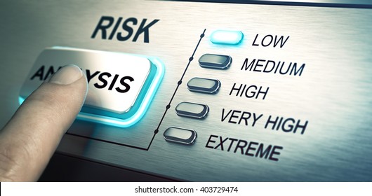 man finger about to press an analysis push button. Focus on the blue led. Concept image for illustration of risk management or assessment.