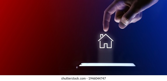 Man Finger Clicks On The Open House Icon.House Symbol For Your Web Site Design, Logo, App, UI. Which Is A Virtual Projection From A Mobile Phone. Neon , Red Blue Lights