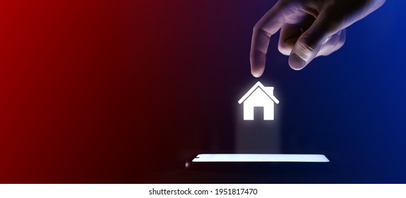 Man Finger Clicks On The Open House Icon.House Symbol For Your Web Site Design, Logo, App, UI. Which Is A Virtual Projection From A Mobile Phone. Neon , Red Blue Lights