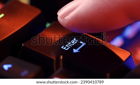 Man finger hovers over the Enter key for a few seconds before deciding to press it. Yes or no concept. Person is in doubt whether to press the enter key or not. Heavy decision do it or not.