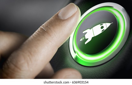 Man finger pressing an boost button with a rocket icon, black background and green light. Composite between a photography and a 3D background. Start-up concept.  - Shutterstock ID 636903154