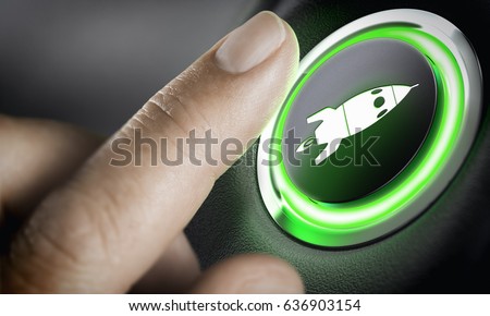 Man finger pressing an boost button with a rocket icon, black background and green light. Composite between a photography and a 3D background. Start-up concept. 