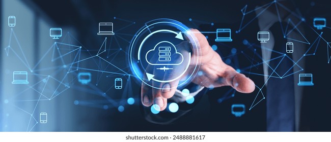 Man finger touch data server hologram hud, files share or transfer between multiple devices. Concept of cloud storage, big data processing, backup and synchronization - Powered by Shutterstock