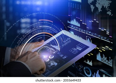 Man Finger Touch Electronic Tablet, Virtual Screen With Stock Market Changes, Business Bar Chart. Double Exposure Of Binary Code, Pie Chart And Graphs. Concept Of Online Trading