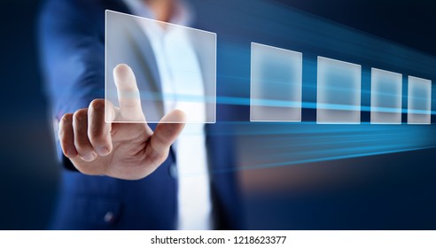 man  finger touch screen interface