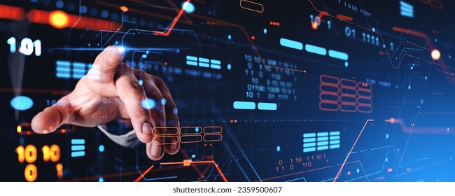 Man finger touching virtual screen with big data processing server, abstract glowing board with binary database. Concept of information transmission and operation