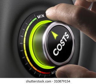 Man Fingers Setting Cost Button On Minimum Position. Concept Image For Illustration Of Cost Management.