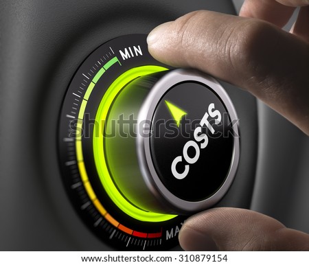 Man fingers setting cost button on minimum position. Concept image for illustration of cost management.