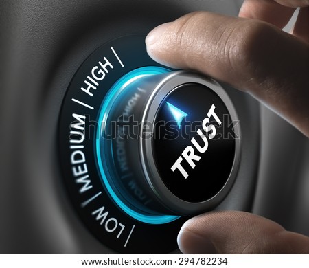 Man fingers setting trust button on highest position. Concept image for illustration of high confidence level.