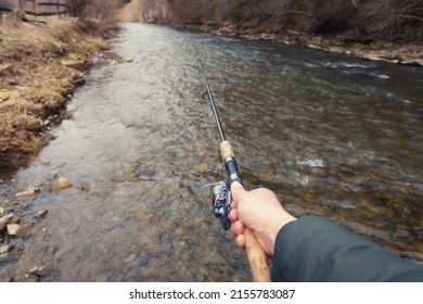 Man Fishing In River, Closeup. First Person View