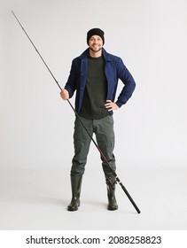 Man With Fishing Rod On White Background