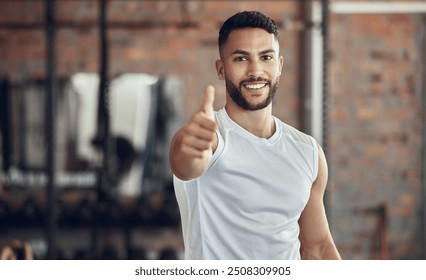 Man, fitness and portrait in gym with thumbs up, smile and satisfaction for training. Happy, hand gesture and personal trainer in wellness center for thank you, support and good feedback for exercise - Powered by Shutterstock