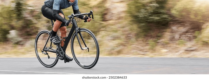 Man, fitness and speed on bicycle on cycling for exercise, workout and practice in California. Male person, motion blur and outdoor in road for competition, race and marathon as cyclist for sports - Powered by Shutterstock