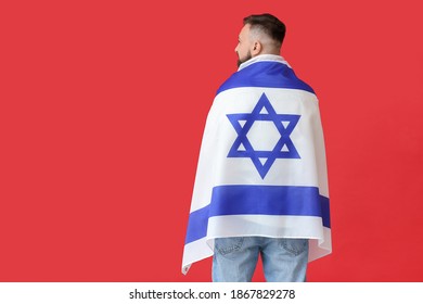 Man With The Flag Of Israel On Color Background, Back View