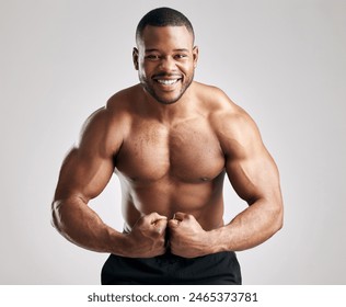 Man, flexing and muscle portrait in studio, happy and confident or proud for workout training and exercise for body. White background, mock up and bodybuilder for sports, health and fitness goal - Powered by Shutterstock