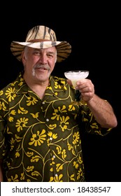 Man In Floral Shirt Hawaiian Shirt, With A Fu Man Chu Mustache, Safari Hat And Margarita Doing A Jimmy Buffet Impersonation