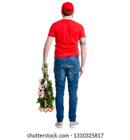 The Man Flower Roses Delivery On A White Background Isolation, Back View