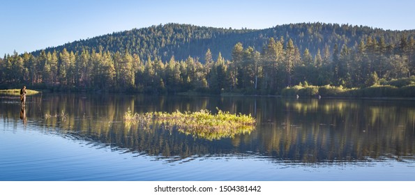 A Man Fly Fishing At Manzanita Lake At Sunrise On A Warm Calm Summer Day With Trees And Brush Reflection In Water