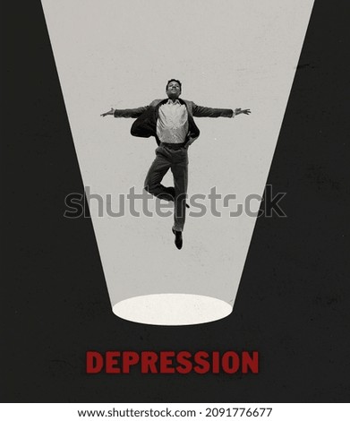 Man flying. Methods of dealing with depression. Contemporary art collage, design. Inspiration, ideas, magazine style. Concept of mental health, social issues, emotions and psychology of personality
